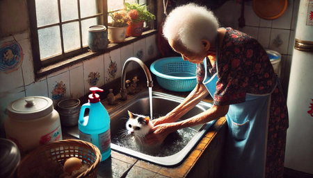 Elderly woman washing her cat in the kitchen at home.の素材