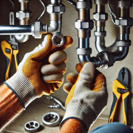 Plumber hands in gloves repairing water pipes. Close-up.の素材