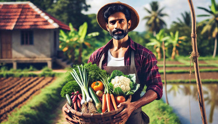 Portrait of a farmer holding a basket full of fresh vegetables.の素材