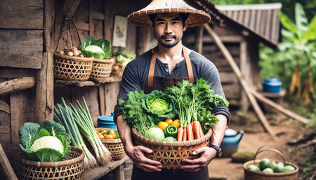 Portrait of Asian farmer holding basket full of fresh vegetables.の素材