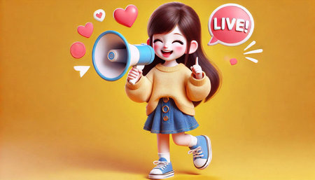 3D illustration of a cute little girl with a megaphoneの素材