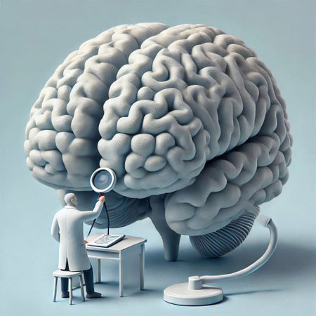 Man looking through magnifying glass on human brain, 3d illustrationの素材