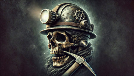 Skull in gas mask and helmet with pickaxe on dark backgroundの素材