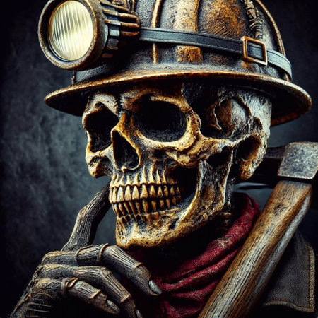Skull of a miner with an ax on a dark background.の素材