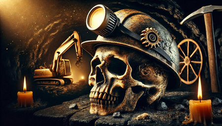 Still life with human skull, mining equipment and burning candles on dark backgroundの素材