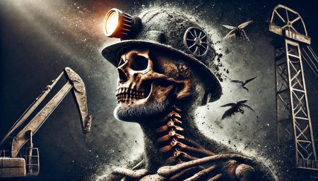 Skull in a hat with a flashlight on the background of industrial elements.の素材