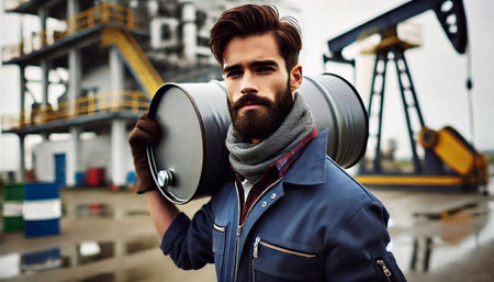 Portrait of a handsome bearded man in a blue jacket and scarf. Industrial background.の素材