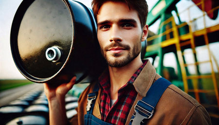 Portrait of a handsome young man holding a megaphone.の素材