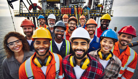 Portrait of diverse group of engineers and designers standing in front of oil rig platformの素材