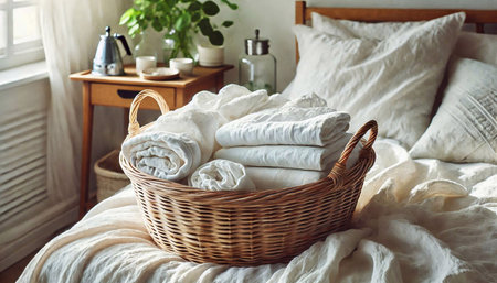 Wicker basket with clean towels on bed at home. Laundry conceptの素材