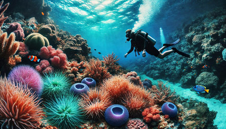 Underwater view of scuba diver and coral reef with fish.の素材