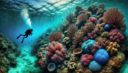 Underwater landscape with corals and diver. 3d illustration.の素材