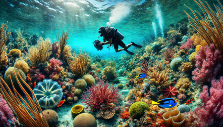 Underwater view of coral reef with scuba diver. Underwater world.の素材