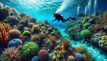 Underwater scene with scuba diver, corals and fish.の素材