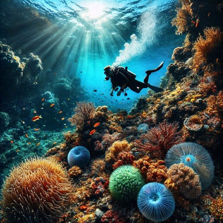 Underwater scene with scuba diver and corals. 3d renderの素材