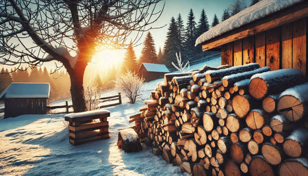 Pile of firewood in the mountains. Beautiful winter landscape.の素材