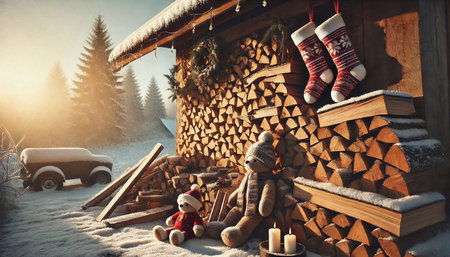 Santa Claus and his teddy bear near the chimney in the winter forestの素材