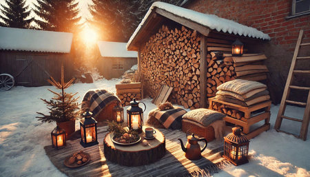 Wooden house in the village in the winter at sunset. Lamps and lanterns.の素材
