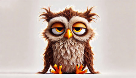 Cute owl with big eyes sitting on white background, 3d illustrationの素材