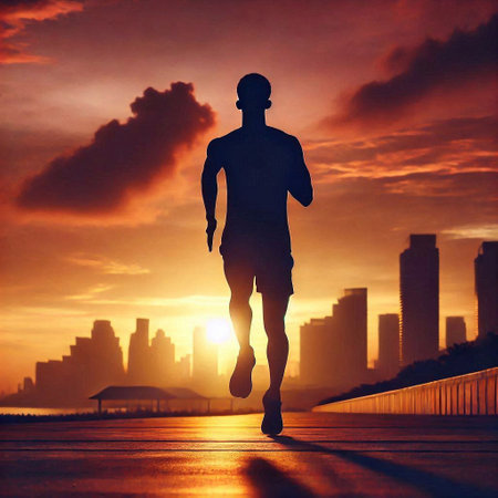 Runner athlete running at sunrise. Concept of healthy lifestyle and fitness.の素材