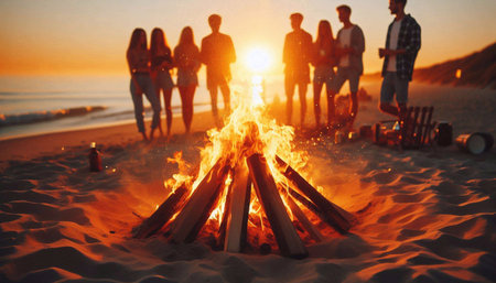 Group of friends having fun on the beach at sunset. Young people are roasting marshmallows over bonfire.の素材