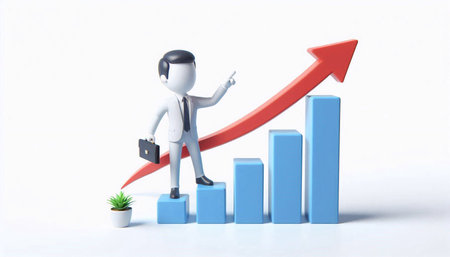 3d man standing on a graph and pointing at the rising arrowの素材