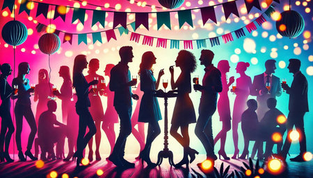 Silhouettes of a group of young people celebrating a party.の素材