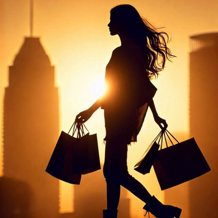 Silhouette of a woman with shopping bags on the background of the cityの素材