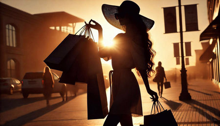Silhouette of young woman with shopping bags in the city.の素材