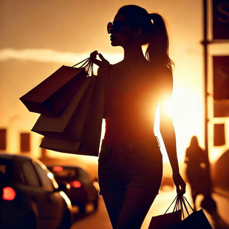 Silhouette of a young woman with shopping bags on a city street.の素材