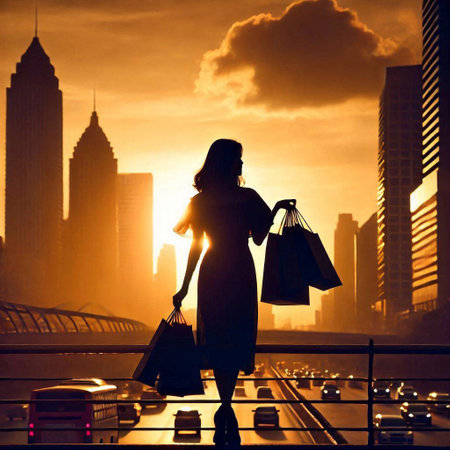 Silhouette of a woman with shopping bags on the background of the cityの素材