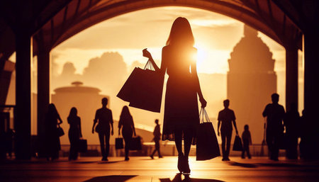 Silhouette of a woman with shopping bags walking in the city.の素材