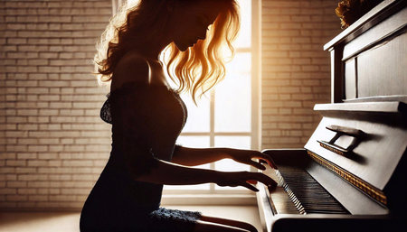 Young beautiful woman playing the piano at home. The concept of music and entertainment.の素材