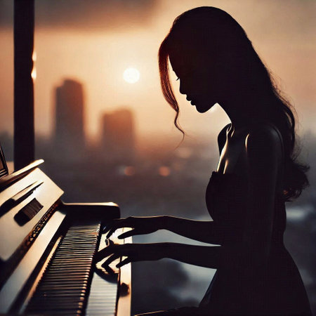 Silhouette of a beautiful young woman playing piano at sunset.の素材