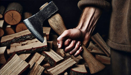 Close-up of a man's hand holding an ax in a pile of firewoodの素材