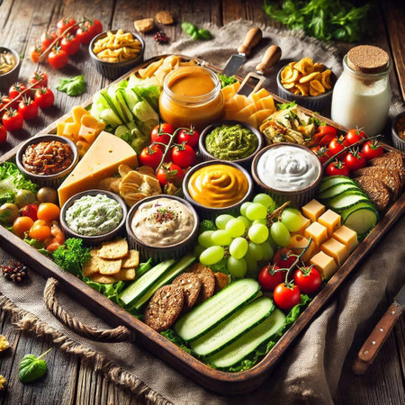 Healthy food selection on rustic wooden background. Assortment of fresh vegetables, cheese, herbs and spices. Healthy eating concept.の素材