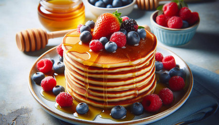 Pancakes with fresh berries and honey on a rustic backgroundの素材