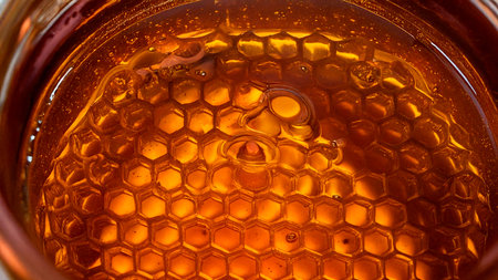 Honey in honeycombs close-up background. Macro.の素材