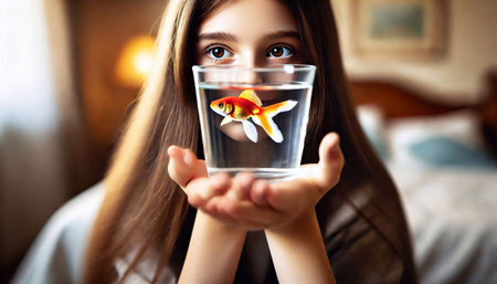 Beautiful young woman holding a goldfish in a glass of waterの素材
