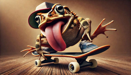 Funny frog with skateboard on wooden background. Fantasy animal.の素材