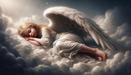 Angelic little girl lying in the clouds with wings and eyes closedの素材