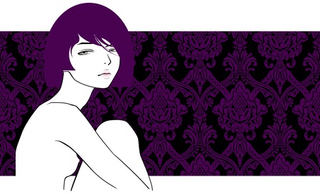 portrait of girl with violet hairs on a background with a decorative patternのイラスト素材