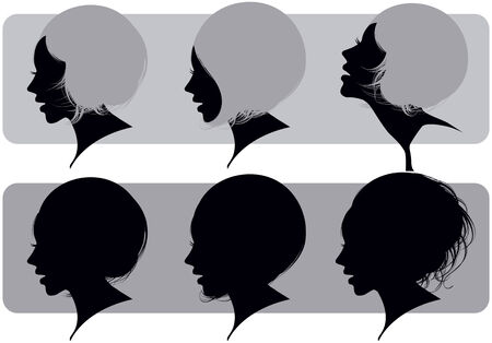 Silhouette of a female head with various hairdressesのイラスト素材