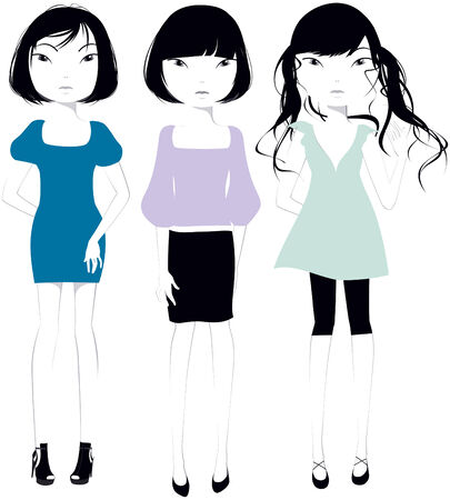 Three beautiful girls with black hairのイラスト素材