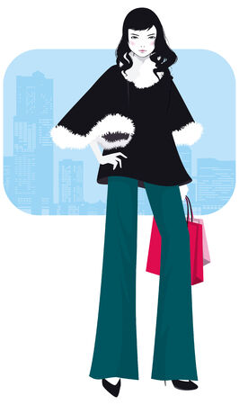 Beautiful girl in winter clothes with packages against a cityのイラスト素材