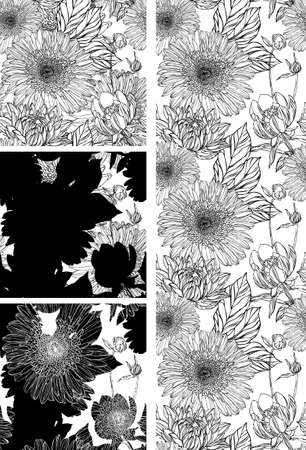 Seamless pattern in retro style with black flowers and white backgroundのイラスト素材
