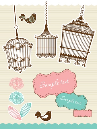set for scrapbooking with vintage birdcageのイラスト素材