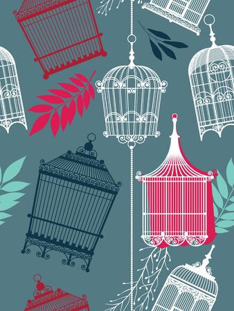 vintage pattern with birdcages and leavesのイラスト素材