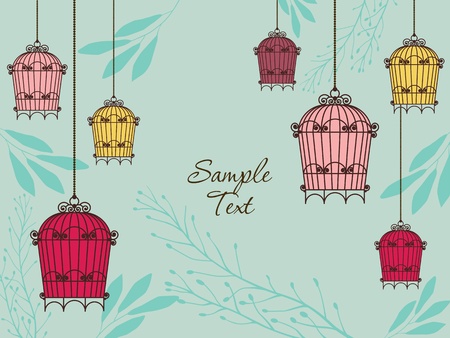 vintage card with birdcages in retro styleのイラスト素材