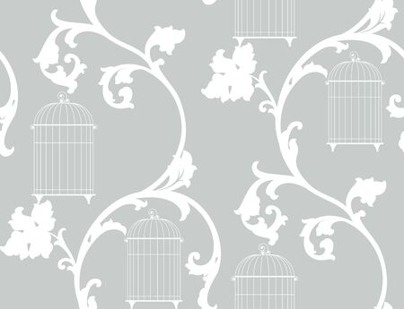 vintage background with floral ornament and bird cagesのイラスト素材